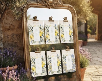 Plan de Table Mariage Citron & Céramique Bleue Méditerranéenne | Template Modifiable Canva | Téléchargement Instantané