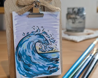 ACEO Widoki na wodę oceanu • Abstrakcyjna fala • Miniatura 2,5 x 3,5 cala Sztuka • Jedyny w swoim rodzaju obraz akrylowy • Świetny mały prezent