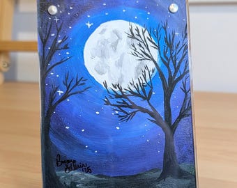 Full Moon Spooky Original Painting • Framed Art for Home • Halloween October • 4x6in