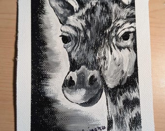 Pintura de jirafa • Decoración moderna en blanco y negro para el hogar • Obra de arte "Gerald" OOKA de 4 x 6 pulgadas • Regalo de jirafa