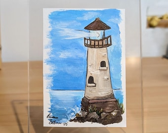 Leuchtturm Gemälde • Küsten Wohndekor • Maritime Kunst • 10,5 x 15,5 cm Rahmen • Meereslandschaft
