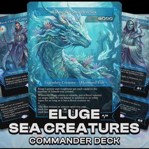 Peut inclure: Un deck de commandement mettant en vedette des créatures marines, avec le texte "ELUGE SEA CREATURES COMMANDER DECK". Les cartes ont une palette de couleurs bleue et sarcelle, avec des illustrations de créatures et de personnages fantastiques.