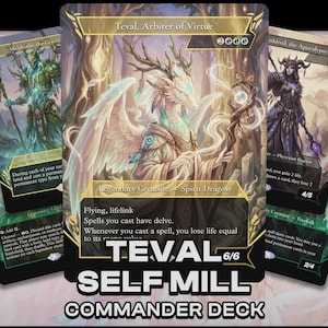 Könnte beinhalten: Eine Sammlung von Sammelkarten mit einer zentralen Karte namens Teval, Arbiter of Virtue, die einen weißen Geisterdrachen mit Geweih und Flügeln zeigt. Der Text Teval Self Mill Commander Deck ist unten in fetten weißen Buchstaben gedruckt.
