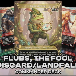 May include: A commander deck featuring fantasy art cards. The central card depicts a frog scout holding a compass. Other cards show a badger warrior and a human knight. Text on the cards includes "Flubs, the Fool" and "Discard/Landfall Commander Deck."