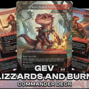 Puede incluir: Un conjunto de cartas coleccionables de fantasía con un mercenario lagarto, un planeswalker y otras criaturas. Las cartas tienen un esquema de color rojo y negro con ilustraciones y texto detallados. El texto de las cartas incluye el título "Gev, Scaled Scorch" y "Lizards and Burn Commander Deck."