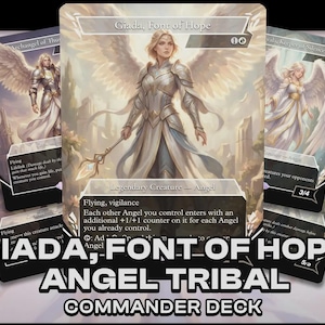 May include: A Commander Deck featuring the card "Giada, Font of Hope" with an angel illustration. The card has a white and gold color scheme, with text that reads "Angel Tribal Commander Deck". Other cards with angel illustrations are also visible.