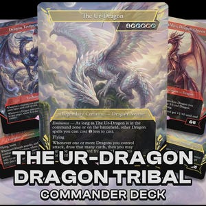 May include: A collection of fantasy trading cards featuring dragon illustrations. The central card displays a large white dragon with outstretched wings, labeled "The Ur-Dragon." Other cards show various dragons with text, including "Dragon Tempest" and "Dragon Queen." The text "THE UR-DRAGON DRAGON TRIBAL COMMANDER DECK" is at the bottom.