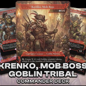 Peut inclure: Ensemble de cartes à collectionner fantastiques avec des personnages gobelins. La carte centrale présente "Krenko, Mob Boss", un guerrier gobelin, entouré d'autres gobelins. Les cartes ont un code couleur rouge et noir avec des illustrations et du texte détaillés.