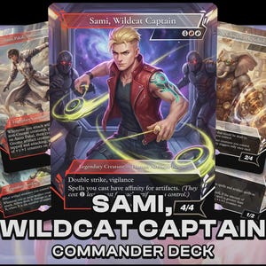 May include: A Magic: The Gathering trading card set featuring the Sami, Wildcat Captain Commander Deck. The central card displays a blonde character in a red vest with glowing blue arm tattoos, flanked by two dark-armored figures in a cosmic portal.