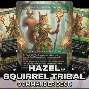 Könnte beinhalten: Eine Sammlung von Fantasy-Sammelkarten mit Eichhörnchen-Charakteren. Die zentrale Karte zeigt "Hazel of the Rootbloom", einen Eichhörnchen-Druiden. Die Karten haben ein grünes und braunes Farbschema mit detaillierten Illustrationen und Text.