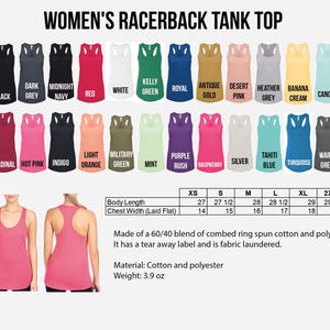 The image is a collage of various women's racerback tank tops in different colors and sizes, along with a table of measurements and a description of the materials used.