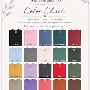 The image is a color chart from the White Purple Shop, showcasing a variety of comfortable and stylish clothing items in different colors.