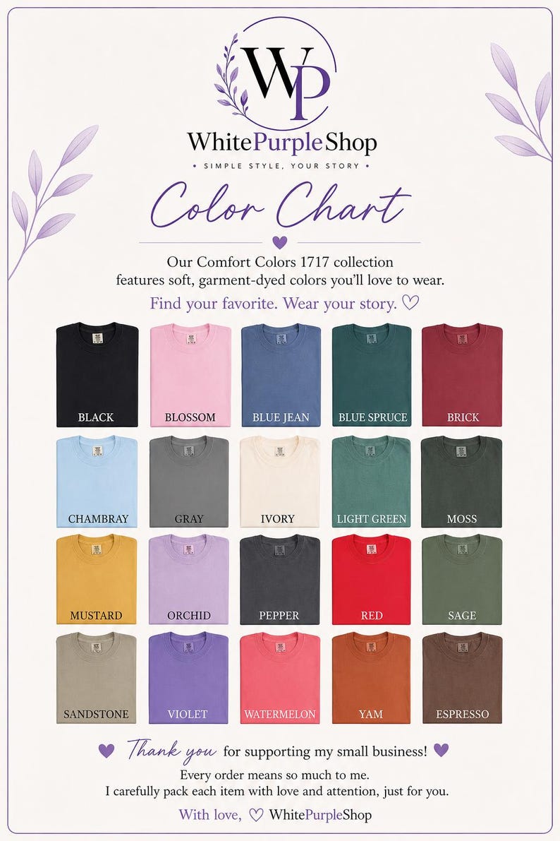 The image is a color chart from the White Purple Shop, showcasing a variety of comfortable and stylish clothing items in different colors.