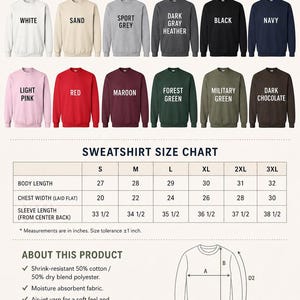 The image is a color and size chart for a collection of sweatshirts, providing information on the different sizes and colors available.