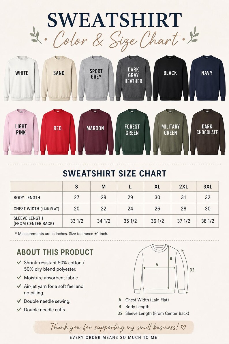 The image is a color and size chart for a collection of sweatshirts, providing information on the different sizes and colors available.