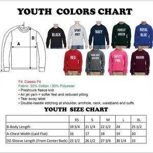 The image is a youth colors chart and youth size chart, providing information on the sizes and colors of various sweatshirts.