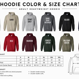The image is a color and size chart for an adult heavyweight hoodie, featuring various color options and corresponding sizes.