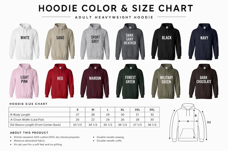 The image is a color and size chart for an adult heavyweight hoodie, featuring various color options and corresponding sizes.