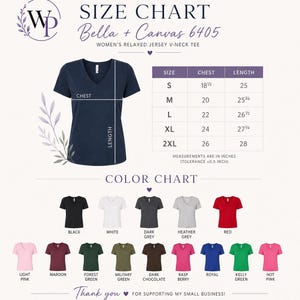 The image is a size chart for a women's relaxed jersey v-neck t-shirt. It includes measurements for chest, length, and color, along with a color chart displaying various shirt colors. The chart is designed to help customers determine the appropriate size and color for their desired shirt.