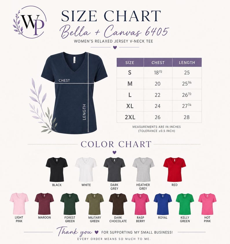 The image is a size chart for a women's relaxed jersey v-neck t-shirt. It includes measurements for chest, length, and color, along with a color chart displaying various shirt colors. The chart is designed to help customers determine the appropriate size and color for their desired shirt.