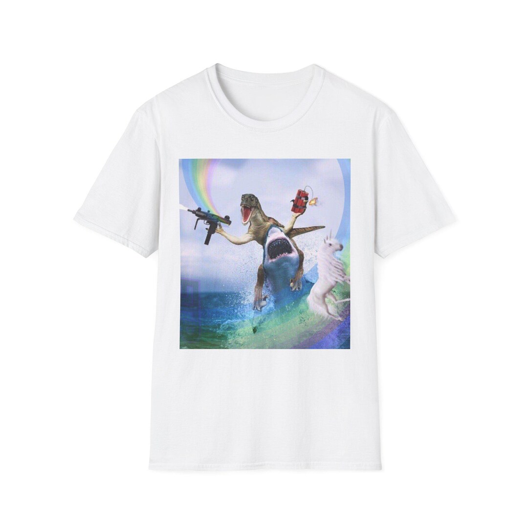 Dinosaur Riding Shark With Rainbow and Weapons T-shirt | Surreal Meme ...