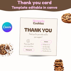 Peut inclure: Un modèle de carte de remerciement carré avec un fond crème et du texte marron. La carte affiche le texte Homade Cookies, THANK YOU et des coordonnées. Elle comprend une petite icône de biscuit et une offre de réduction de 10%.