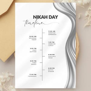 Peut inclure: Une carte de planning de mariage blanche intitulée NIKAH DAY timeline avec une ligne verticale noire et du texte listant les événements de 11h00 à 23h00. Le côté droit présente un motif graphique en satin argenté fluide.