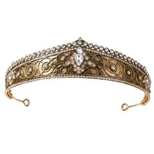Puede incluir: Una tiara de metal en tono dorado antiguo con un intrincado patrón de volutas en relieve a lo largo de la banda. La corona está adornada con un cristal transparente central en forma de pera y numerosos cristales redondos pequeños en los bordes.