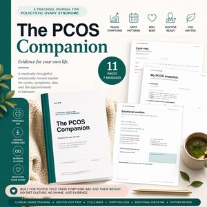 May include: The PCOS Companion tracking journal with a teal cover and the text "Evidence for your own life." Includes 11 pages and 7 modules. Features printable PDF and instant download options. Includes cycle maps, symptom logs, and emotional check-ins.