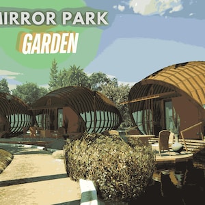 Può includere: Un'illustrazione di tre edifici moderni a forma di cupola, con tetti in legno curvi e grandi finestre. Il testo "MIRROR PARK GARDEN" è visibile sopra gli edifici, sullo sfondo di alberi e uno specchio d'acqua.