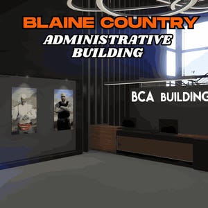 Può includere: Vista interna del Blaine County Administrative Building. L'immagine mostra un'area reception con pavimento e pareti grigio scuro. Il testo "BLAINE COUNTY ADMINISTRATIVE BUILDING" è visualizzato in alto e "BCA BUILDING" sulla parete.