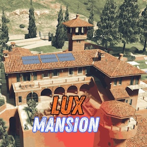 Può includere: Vista aerea di una grande villa a più piani con tetto in tegole rosse e molteplici torrette. La villa ha pannelli solari sul tetto ed è circondata da alberi e vegetazione. Il testo "LUX MANSION" è visualizzato in arancione e blu.