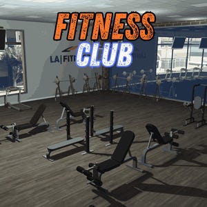 Può includere: Vista interna di una palestra con varie attrezzature per l'allenamento. L'immagine presenta panche per pesi, tapis roulant e attrezzature per il sollevamento pesi. Le parole "FITNESS CLUB" sono visualizzate in arancione e blu.