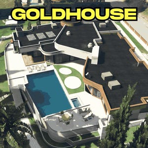 Può includere: Vista aerea di una villa moderna con piscina e la scritta "GOLDHOUSE" in giallo. La casa presenta un tetto piatto nero, pareti bianche e un ponte di legno. Palme ed erba verde circondano la proprietà.