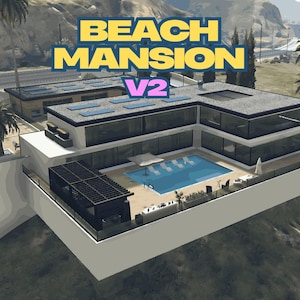 Könnte beinhalten: Eine moderne Strandvilla mit mehreren Ebenen, einem Swimmingpool, einer Terrasse und einem Flachdach. Das Bild zeigt den Text "BEACH MANSION V2" in Gelb und Lila. Palmen und eine Autobahn sind im Hintergrund zu sehen.