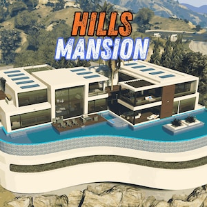 May include: A modern mansion with a pool, featuring the text "Hills Mansion" in orange and blue. The house has a white exterior, large windows, and a flat roof. The pool has a curved design and is filled with blue water.
