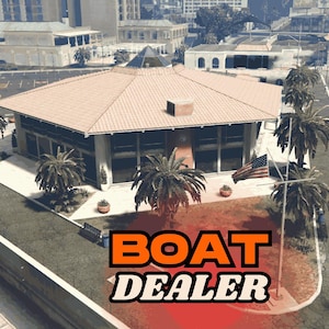 Può includere: Vista aerea di una concessionaria di barche. L'edificio ha un tetto marrone chiaro e ampie finestre. Palme e una bandiera americana sono di fronte all'edificio. Le parole "BOAT DEALER" sono in testo arancione e bianco.