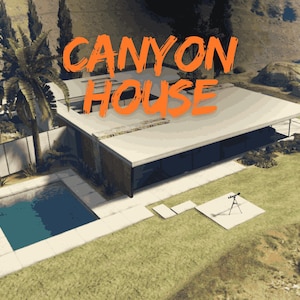Può includere: Vista aerea di una casa moderna con tetto piano, piscina e la scritta "CANYON HOUSE" in arancione. La casa ha grandi vetrate ed è circondata da erba verde e palme.