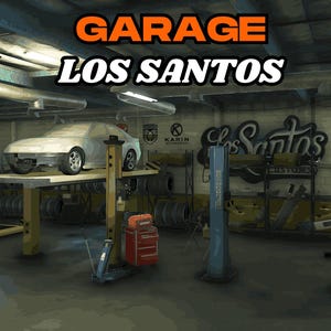 May include: An interior shot of a garage with the text "GARAGE LOS SANTOS" in orange and white. A white car is on a lift. The garage has tools, tires, and equipment. The walls are gray and the floor is concrete.