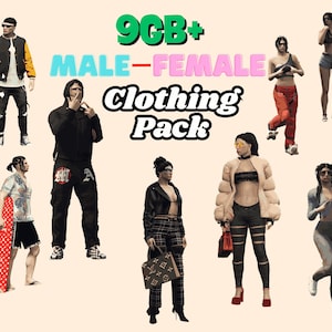 Puede incluir: Imagen digital que muestra modelos de personajes con diferentes atuendos. El texto "9GB+ MALE-FEMALE Clothing Pack" se muestra de forma destacada. Los atuendos incluyen chaquetas, pantalones, pantalones cortos y tops en varios colores y estilos.