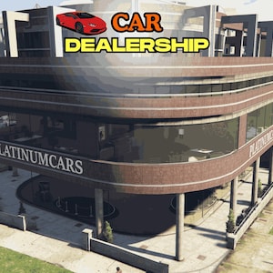 Può includere: Vista esterna di una moderna concessionaria auto. L'edificio ha una facciata marrone con ampie vetrate e la scritta "PLATINUMCARS" in bianco. Una grafica di auto sportiva rossa e le parole "CAR DEALERSHIP" sono visualizzate in alto.