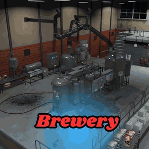 Può includere: Vista interna di un birrificio con attrezzature industriali, tra cui grandi serbatoi, tubi e pannelli di controllo. La parola "Brewery" è visualizzata in testo rosso in basso. La scena è illuminata da luci.