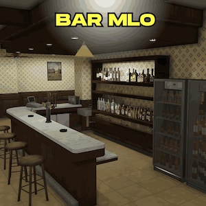 Può includere: Interno di un bar con il testo "BAR MLO" in giallo. Il bar ha un lungo bancone con sgabelli, scaffali pieni di bottiglie e due frigoriferi. Le pareti sono decorate con carta da parati a motivi e un quadro incorniciato.