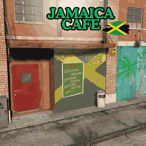 Może przedstawiać: Zewnętrze kawiarni z napisem "JAMAICA CAFE" w kolorze zielonym. Wyświetlana jest flaga Jamajki. Budynek ma czerwone drzwi, tablicę z menu i mural z palmą. Metalowa skrzynka elektryczna znajduje się po lewej stronie.