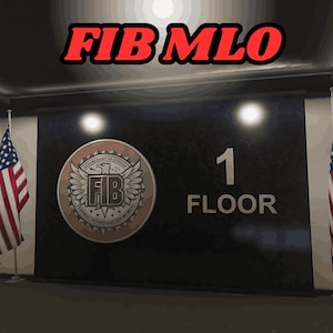 Può includere: Interno di una stanza con una parete nera con un grande emblema circolare con le lettere "FIB" e le parole "Federal Investigation Bureau". Il numero "1" e la parola "FLOOR" sono sotto. Le bandiere americane fiancheggiano il muro e il testo "FIB MLO" è in alto.