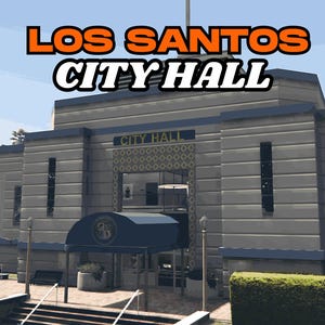 Può includere: Una vista esterna del municipio di Los Santos. L'edificio è grigio chiaro con una tenda da sole blu scuro. Le parole "LOS SANTOS CITY HALL" sono visualizzate in testo arancione e bianco nella parte superiore dell'immagine. L'edificio ha un'insegna del municipio.