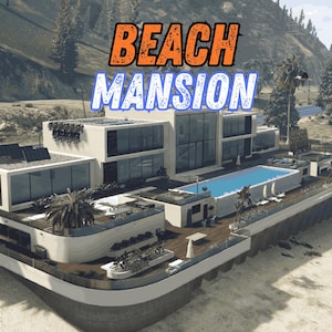 Può includere: Una moderna villa sulla spiaggia con piscina, pannelli solari e palme. Il testo "BEACH MANSION" è visualizzato in arancione e blu. La villa ha grandi finestre e una terrazza con vista sulla spiaggia.