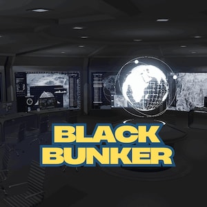 Może przedstawiać: Ilustracja centrum dowodzenia z wieloma ekranami komputerów wyświetlającymi dane i holograficznym globusem. Tekst "BLACK BUNKER" jest wyświetlany w kolorze żółtym i niebieskim. Scena jest ciemna z futurystyczną estetyką.