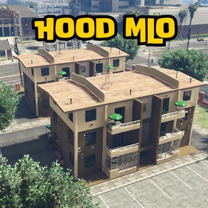 Può includere: Vista aerea di due palazzi beige con tetti marroni. Gli edifici hanno balconi e ombrelloni verdi. Il testo "HOOD MILO" è visualizzato in giallo con un bordo nero sopra gli edifici.
