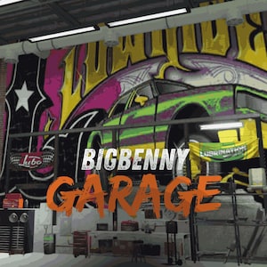 May include: A garage scene with a large mural featuring a car in green and purple. The words "BIGBENNY GARAGE" are prominently displayed in orange. A banner reads "LUBRICATION MOTORS".